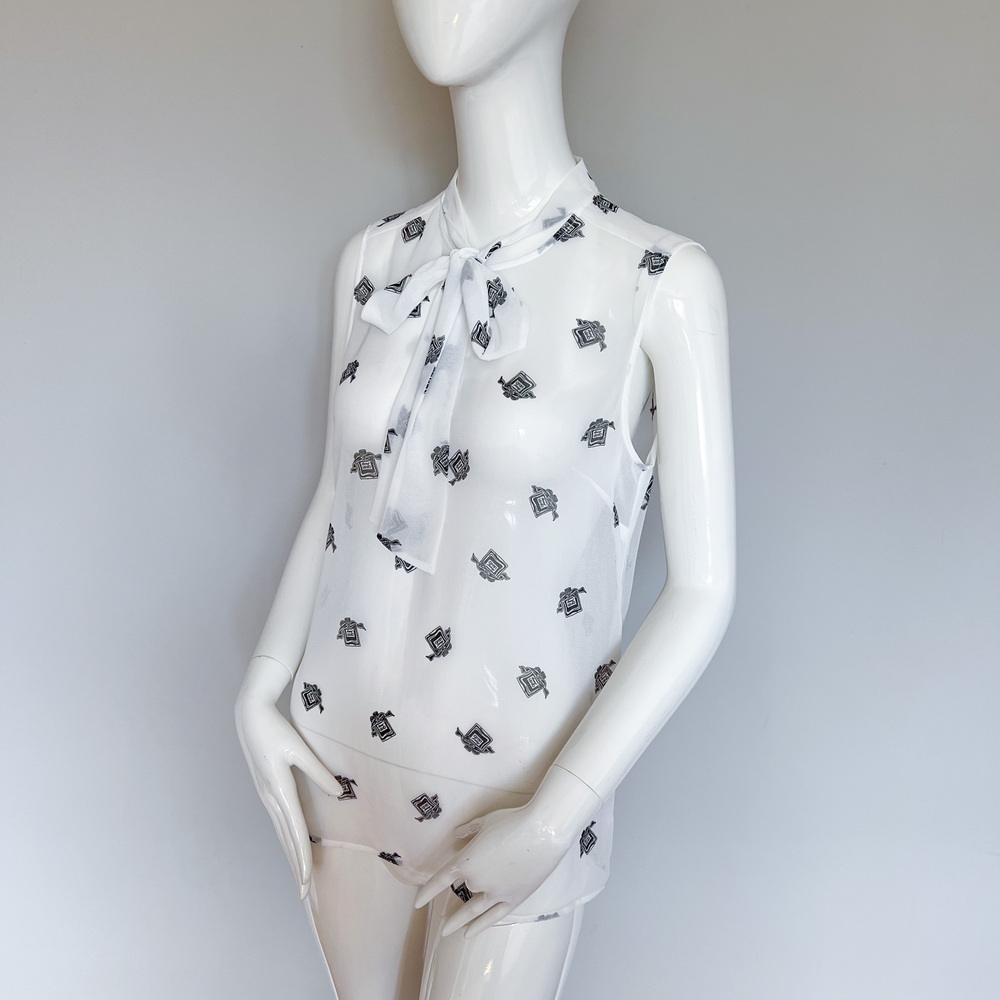 NEW Liu Jo White Sheer Sleeveless Blouse Bow Tie 42 Printed Logo US6